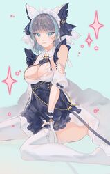  :3 absurdres animal_ears apron aqua_eyes aqua_hair azur_lane bare_shoulders blue_background blue_hair breasts cat_ears cheshire_(azur_lane) cleavage closed_mouth detached_sleeves dress fake_animal_ears female frilled_hairband frills garter_straps hairband highres large_breasts long_ribbon looking_at_viewer maid_headdress medium_hair multicolored_hair puffy_short_sleeves puffy_sleeves purple_apron purple_hair shino_pupille short_hair short_sleeves simple_background sitting solo sparkle streaked_hair thighhighs two-tone_hair white_dress white_thighhighs wrist_cuffs 