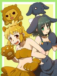  2girls :d animal_costume animal_ears animal_hands bare_shoulders black_hair black_skirt blush breasts brown_eyes brown_hair brown_skirt commentary_request fake_animal_ears gloves green_eyes kohinata_miku lion_costume lion_ears locked_arms midriff multiple_girls open_mouth paw_gloves rabbit_costume rabbit_ears scar scar_on_chest senki_zesshou_symphogear sento_(iroiro_gottani) short_hair skirt small_breasts smile strapless tachibana_hibiki_(symphogear) teeth tube_top upper_teeth_only 