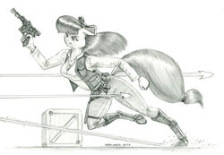  2022 accessory aged_up anthro apple_bloom_(mlp) baron_engel belt blaster boots bow_(feature) bow_accessory bow_ribbon breasts clenched_teeth clothing crossover ears_down earth_pony equid equine eyebrows female footwear friendship_is_magic graphite_(artwork) greyscale hair hair_accessory hair_ribbon hairbow han_solo hasbro horse long_hair mammal monochrome my_little_pony pencil_(artwork) pivoted_ears pony ribbons running solo star_wars teeth topwear traditional_media_(artwork) vest weapon 