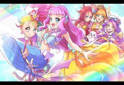  5girls absurdres agura_dou aqua_hair ascot bad_id bad_pixiv_id blonde_hair blue_bow blue_eyes blue_hair bow brooch brown_hair carrying choker closed_mouth commentary_request cowboy_shot creature crop_top cure_coral cure_flamingo cure_papaya cure_summer earrings facial_mark fingerless_gloves flower frills gloves green_eyes hair_flower hair_ornament hair_strand hairbow hands_on_own_face hat hat_bow heart heart_facial_mark highres ichinose_minori jewelry kururun_(precure) laura_la_mer laura_la_mer_(mermaid) letterboxed long_hair looking_at_viewer magical_girl mermaid midriff monster_girl multicolored_eyes multicolored_hair multiple_girls multiple_hair_bows natsuumi_manatsu navel pink_eyes pink_hair precure princess_carry purple_ascot purple_choker purple_eyes purple_hair rainbow red_hair sailor_hat side_ponytail smile streaked_hair suzumura_sango takizawa_asuka thick_eyelashes triangle_earrings tropical-rouge!_precure twintails two-tone_hair v white_gloves yellow_gloves 