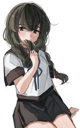  black_eyes black_hair black_sailor_collar black_skirt blue_neckerchief braid commentary female hair_between_eyes hair_ribbon highres holding holding_own_hair isonami_(kancolle) isonami_kai_ni_(kancolle) kantai_collection kaomoji_(sagor00237) long_hair looking_at_viewer neckerchief pleated_skirt red_ribbon ribbon sailor_collar simple_background sitting skirt solo twin_braids 