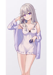  absurdres adjusting_hair azur_lane bare_shoulders blush border breasts breasts_apart collarbone female grey_background grey_hair hair_brush hair_ribbon head_tilt heterochromia highres holding holding_brush light_smile looking_at_viewer murmansk_(azur_lane) murmansk_(sceneries_of_pure_snow)_(azur_lane) nightgown official_alternate_costume ping_zhong_yu purple_eyes ribbon sidelocks simple_background small_breasts solo white_border white_nightgown 