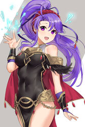  :d armor bracelet breasts cape choker cleavage commentary dress earrings female fire_emblem fire_emblem:_genealogy_of_the_holy_war fire_emblem_heroes haru_(nakajou-28) heart highres jewelry long_hair looking_at_viewer ponytail purple_eyes purple_hair side_ponytail simple_background smile solo tailtiu_(fire_emblem) tailtiu_(resplendent)_(fire_emblem) thighhighs 