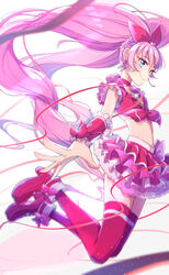  absurdres agura_dou backlighting bad_id bad_pixiv_id blue_eyes bow braid brooch choker closed_mouth crop_top cure_melody earrings female frilled_skirt frills full_body hair_ornament hairbow heart heart_earrings heart_hair_ornament highres houjou_hibiki jewelry jumping layered_skirt long_hair looking_at_viewer magical_girl midriff navel neckerchief pink_bow pink_choker pink_footwear pink_hair pink_neckerchief pink_skirt pink_theme pink_thighhighs pink_wrist_cuffs precure red_ribbon ribbon shoes signature simple_background skirt smile solo suite_precure thighhighs twintails white_background wrist_cuffs zettai_ryouiki 