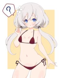  ? arm_at_side ass_visible_through_thighs assault_lily bare_arms bare_shoulders bikini blue_eyes blush border breasts collarbone female flower grey_hair groin hair_between_eyes hair_flower hair_ornament halterneck hand_up highres jewelry long_hair looking_at_viewer low_twintails misaki_naoe navel outside_border parted_lips raised_eyebrows red_bikini ring shiozaki_suzume side-tie_bikini_bottom simple_background small_breasts solo speech_bubble spoken_question_mark standing stomach string_bikini swimsuit twintails white_border white_flower yellow_background 