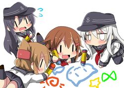  4girls :d akatsuki_(kancolle) all_fours anchor_symbol black_hair black_headwear black_pantyhose black_sailor_collar black_skirt black_socks blush brown_hair chibi commentary_request crayon drawing dutch_angle flat_cap flying_sweatdrops folded_ponytail grey_hair hair_between_eyes hair_ornament hairclip hat hibiki_(kancolle) ikazuchi_(kancolle) inazuma_(kancolle) kantai_collection kneehighs long_hair long_sleeves lying multiple_girls neckerchief oerba_yun_fang on_stomach open_mouth oshiruko_(uminekotei) pantyhose pleated_skirt profile red_neckerchief sailor_collar school_uniform serafuku shirt short_hair simple_background skirt smile socks underwear white_background white_shirt |_| 