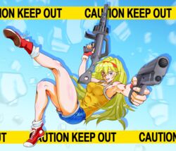  aiming aiming_at_viewer assault_rifle bandaid bandaid_on_cheek bandaid_on_face battle_mania bb9_megadrive blonde_hair blue_eyes breasts caution_tape commentary_request debris dual_wielding energy_gun english_text fake_screenshot falling female fingerless_gloves flying freefall full_body gameplay_mechanics gloves grin gun hairband handgun highres holding holding_gun holding_weapon keep_out legs long_hair looking_at_viewer ootorii_mania pencil_skirt red_footwear red_hairband rifle science_fiction shoes short_shorts shorts sign skirt smile sneakers solo tank_top warning_sign weapon 