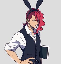  1boy animal_ears asymmetrical_hair brown_hair choko_egg ear_piercing fake_animal_ears grey_background gridman_universe hand_on_own_hip highres male_focus menu multicolored_hair onija piercing red_hair scowl solo ssss.dynazenon two-tone_hair upper_body vest 