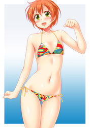  bikini blush female flat_chest green_eyes halterneck highres hoshizora_rin love_live! love_live!_school_idol_project navel open_mouth orange_hair side-tie_bikini_bottom solo string_bikini swimsuit utomo 