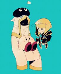  1other 2boys black_dress black_headwear blonde_hair blue_background blunt_bangs cloak dress father_and_daughter female glowing glowing_eyes gold_trim gooey_(kirby) higa423 hood hyness kirby kirby:_star_allies kirby_(series) long_sleeves mouth_veil multiple_boys rayman_limbs robe short_hair simple_background sleeves_past_fingers sleeves_past_wrists veil very_long_sleeves white_cloak white_hood white_robe yellow_eyes zan_partizanne 