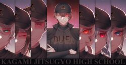  2boys 5girls absurdres bad_id bad_pixiv_id baseball_cap baseball_uniform black_hair black_headwear black_jacket black_shirt blonde_hair blue_eyes brown_eyes brown_hair closed_eyes clothes_writing column_lineup crossed_arms fumino_tamaki green_eyes grey_hair grin hair_between_eyes hakase_fuyuki hat highres jacket jacket_on_shoulders kagami_hayato kurusu_natsume long_hair long_sleeves looking_at_viewer low_ponytail multiple_boys multiple_girls nijisanji nijisanji_kr nui_sociere oh_jiyu orange_eyes red-tinted_eyewear red_eyes scouter shirt short_hair smile split_crop split_screen sportswear tinted_eyewear turtleneck virtual_youtuber yashiro_kizuku yonuko 