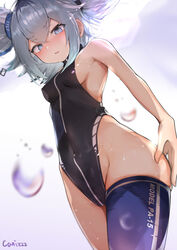  absurdres artist_name asymmetrical_legwear bad_id bad_pixiv_id black_leotard blue_eyes blue_hair blue_thighhighs blush breasts canizzz character_name commission covered_navel covered_nipples cowboy_shot dutch_angle english_text female from_below girls&#039;_frontline hair_between_eyes hand_on_own_hip heart heart_in_eye highres korean_commentary lens_flare leotard looking_at_viewer medium_hair mixed-language_commentary navel oerba_yun_fang pa-15_(girls&#039;_frontline) parted_lips pixiv_commission sideboob single_thighhigh skin_fang skindentation small_breasts solo symbol_in_eye thighhighs two_side_up water_drop wet 