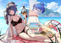  ahoge arknights balloon bare_legs barefoot beach bikini black_bikini blue_hair blue_sky blunt_bangs blurry blurry_background blurry_foreground bracelet breasts champagne_flute chinese_commentary choker commentary_request cup day depth_of_field doughnut drinking_glass female food green_eyes headphones horizon itoucon jessica_(arknights) jewelry leg_ribbon lens_flare long_hair looking_at_viewer medium_breasts nail_polish navel ocean outdoors petals ponytail rainbow ribbon side-tie_bikini_bottom sitting sky solo swimsuit thigh_ribbon water_gun weibo_logo weibo_watermark wet 