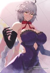  ahoge bare_shoulders black_gloves braid braided_ponytail breasts cleavage covered_navel dress elbow_gloves fate/grand_order fate_(series) female gloves grey_hair grin highres jeanne_d&#039;arc_alter_(fate) jeanne_d&#039;arc_alter_(holy_night_supper)_(fate) lace-trimmed_dress lace_trim large_breasts long_hair looking_at_viewer neck_ribbon purple_dress ribbon smile solo very_long_hair yellow_eyes zumizu 