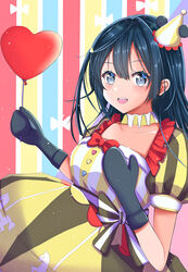  absurdres balloon black_hair black_mittens blue_background blush breasts collarbone commentary dress female grey_eyes hat heart_balloon highres infinity!_our_wings!! large_breasts long_hair looking_at_viewer love_live! love_live!_nijigasaki_high_school_idol_club meimaru mittens multicolored_background one_side_up red_background sidelocks smile solo yellow_background yellow_dress yuki_setsuna_(love_live!) 