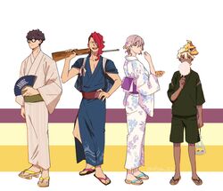  3boys bag bagged_fish blonde_hair blue_kimono blue_nails brown_eyes brown_hair choko_egg cotton_candy dark-skinned_male dark_skin ear_piercing eating female fish floral_print folding_fan food glasses gridman_universe gun hair_over_one_eye hand_fan hand_on_own_hip highres holding holding_fan holding_food japanese_clothes juuga kimono mask mask_on_head mujina multiple_boys obi onija over_shoulder piercing red_hair sandals sash sizumu ssss.dynazenon tasuki weapon wide_sleeves yukata 