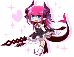  :d black_dress blue_eyes blush boots chibi commentary_request curled_horns detached_sleeves dragon_girl dragon_horns dragon_tail dress elizabeth_bathory_(fate) elizabeth_bathory_(fate/extra_ccc) elizabeth_bathory_(first_ascension)_(fate) fate/extra fate/extra_ccc fate_(series) female full_body hair_between_eyes hair_ribbon heart high_heel_boots high_heels highres horns long_hair long_sleeves looking_at_viewer naga_u oerba_yun_fang open_mouth pink_hair purple_ribbon ribbon sarkany_csont_landzsa simple_background sleeveless sleeveless_dress smile solo sparkle spiked_boots spiked_footwear spikes standing tail tail_raised two_side_up very_long_hair weapon white_background white_footwear white_sleeves 