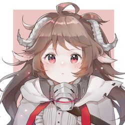  :c animal_ears arknights border brown_hair cape eyjafjalla_(arknights) female horns juine long_hair looking_at_viewer mask outside_border pink_background pink_eyes portrait sheep_ears sheep_girl sheep_horns simple_background solo white_border white_cape 