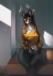  2019 5_fingers anthro antlers biped breasts brown_body brown_eyes brown_fur brown_hair christina_(geekiestgeeker) clothed clothing deer ear_piercing ear_ring female fingerless_(marking) fingers fur hair horn inner_ear_fluff mammal okithau piercing portrait ring_piercing sitting solo thick_thighs thigh_gap three-quarter_portrait tuft water_deer wide_hips 