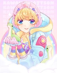  animification apex_legends blonde_hair blue_eyes blue_jacket bodysuit cloud female highres holding holding_stuffed_toy hood hooded_jacket jacket kawaii_voltage_wattson looking_at_viewer nessie_(respawn) open_mouth pink_headwear portrait rainbow ribbed_bodysuit serurosu smile solo sparkle star_(symbol) stuffed_toy wattson_(apex_legends) yellow_bodysuit 