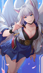  animal_ears azur_lane blue_eyes blue_skirt breasts cleavage crypthiyama eyeliner female fox_ears fox_girl fox_tail hakama hakama_short_skirt hakama_skirt highres japanese_clothes kaga_(azur_lane) kimono kitsune kyuubi large_breasts large_tail long_sleeves looking_at_viewer makeup metal_belt miniskirt multiple_tails red_eyeliner sakuramon short_hair skirt solo tail white_hair white_kimono white_tail wide_sleeves 