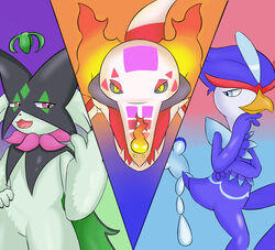  ambiguous_gender felid feline generation_9_pokemon group hi_res mammal meowscarada nameigo nintendo pokemon pokemon_(species) quaquaval skeledirge solo trio 