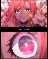  anime_coloring blurry close-up commentary crown dark_skin depth_of_field english_text engrish_text eye_focus eye_reflection female granblue_fantasy highres long_hair mirei_kh13 moon outstretched_arm outstretched_hand ranguage reaching red_eyes reflection smile solo very_long_hair yatima 