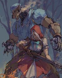  1boy animal_ears ashe_(overwatch) axe bayonet big_bad_wolf black_sclera blue_dress blue_eyes bob_(overwatch) bodice bonnet claws clothed_robot colored_sclera crazy_eyes crazy_smile crossdressing dress female fingerless_gloves gloves gun hair_over_one_eye height_difference highres holding holding_gun holding_weapon hood hood_up little_red_ashe official_alternate_costume overwatch overwatch_1 pajamas red_dress red_hood rifle robot scar scar_across_eye scar_on_arm scar_on_face shadowyahaha smile teeth weapon white_hair wolf_ears 