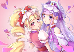  2girls agura_dou aisaki_emiru ascot bad_id bad_pixiv_id blonde_hair blunt_bangs bow commentary cure_amour cure_macherie hairbow heart highres hugtto!_precure long_hair looking_at_viewer magical_girl multiple_girls pink_background pink_eyes precure purple_ascot purple_bow purple_eyes purple_hair red_bow ruru_amour signature simple_background twintails upper_body 