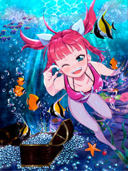  barefoot bikini blue_eyes commentary_request female fish freediving gem long_hair one_eye_closed pearl_(gemstone) ponytail red_hair solo starfish swimming swimsuit treasure_chest umi_monogatari underwater urin_(umi_monogatari) uzura_lala 