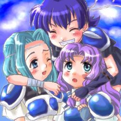  3girls aqua_eyes aqua_hair armor blue_eyes blue_hair blush farina farina_(fire_emblem) fingerless_gloves fiora fiora_(fire_emblem) fire_emblem fire_emblem:_rekka_no_ken fire_emblem_blazing_sword florina florina_(fire_emblem) gloves green_eyes green_hair group_hug happy headband hug long_hair lowres multiple_girls one_eye_closed open_mouth pegasus_knight purple_hair short_hair siblings sisters smile wink 