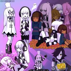  1boy 2015 alternate_costume androgynous artist_name black_hair cape closed_eyes colored_skin cousins frisk_(undertale) glasses hat headphones hopebiscuit long_hair mad_dummy_(undertale) mettaton mettaton_ex microphone napstablook personification phonograph shorts snail solid_circle_eyes striped_clothes striped_sleeves striped_sweater sweater top_hat turntable undertale white_eyes white_hair white_skin yellow_eyes 