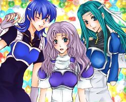  3girls aqua_eyes aqua_hair armor blue_eyes blue_hair blush farina farina_(fire_emblem) fingerless_gloves fiora fiora_(fire_emblem) fire_emblem fire_emblem:_rekka_no_ken fire_emblem_blazing_sword florina florina_(fire_emblem) gloves green_eyes green_hair happy headband long_hair lowres multiple_girls one_eye_closed open_mouth pegasus_knight purple_hair short_hair siblings sisters smile wink 