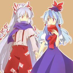  2girls blue_hair bow commentary_request dress enpera fujiwara_no_mokou grey_hair hairbow hanjuku_tomato hat holding_hands kamishirasawa_keine long_hair multicolored_hair multiple_girls pants red_eyes scarf smile suspenders touhou two-tone_hair very_long_hair 