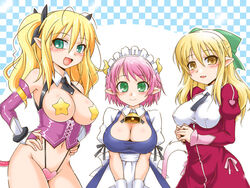  3girls :d bell blonde_hair blush bow breasts bridal_gauntlets brown_eyes cleavage commentary_request cow_tail detached_collar elbow_gloves elfleda_mirjasdottir gloves green_eyes hair_ribbon hairbow horns juliet_sleeves large_breasts long_hair long_sleeves looking_at_viewer lotte_no_omocha! maid maid_headdress mature_female mercelida_ygvar mistrune_asgrim multiple_girls navel necktie nishi_kita open_mouth pasties pink_hair pointy_ears puffy_sleeves ribbon short_hair smile star_pasties tail twintails 