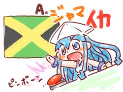  blue_eyes blue_hair blush_stickers bracelet commentary_request female flag frown ikamusume jamaican_flag jewelry open_mouth pun push-button quiz sakaguchi_misaki shinryaku!_ikamusume solo tentacle_hair translated 