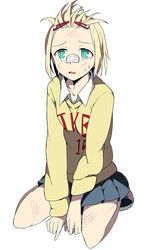  bandages blonde_hair commentary_request female full_body green_eyes hair_ornament hairclip kenja_tori open_mouth original pleated_skirt short_hair skirt solo sweatdrop tears 