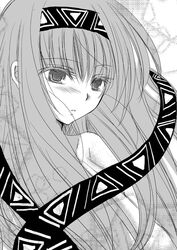  commentary_request elemental_gelade female greyscale hairband long_hair marimo_(pixiv197410) monochrome reverie_metherlence solo upper_body 