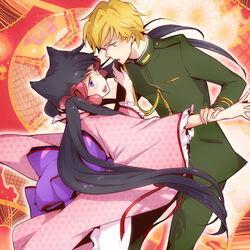  1boy agemaki_kei animal_ears bad_id bad_pixiv_id black_hair blonde_hair bow couple female fox_ears hair_ribbon hairbow japanese_clothes kimono long_hair military military_uniform open_mouth otome_youkai_zakuro pink_bow purple_eyes ribbon smile straight terram twintails uniform yellow_eyes zakuro_(otome_youkai_zakuro) 