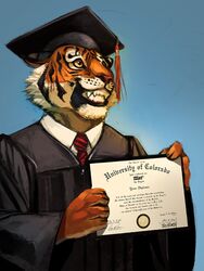  2016 3:4 academic_dress anthro black_body black_fur black_lips black_stripes blue_background clothed clothing digital_media_(artwork) digital_painting_(artwork) diploma english_text felid fur half-length_portrait hat headgear headwear holding_object lips male mammal multicolored_body multicolored_fur necktie orange_body orange_fur pantherine portrait simple_background smile solo square_academic_cap striped_body striped_fur stripes student teeth text tiger trunorth white_body white_fur yellow_eyes 