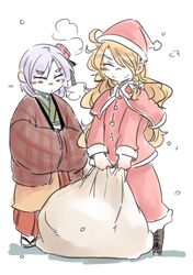  2girls ^_^ blonde_hair blush braid capelet closed_eyes coat commentary_request hair_over_one_eye hat hieda_no_akyuu japanese_clothes kimono kirisame_marisa long_hair multiple_girls overcoat ponke purple_hair sack santa_costume santa_hat short_hair side_braid single_braid smile touhou yukata 