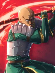  1boy agil agil_(cosplay) agil_(sao-alo) agil_(sao-alo)_(cosplay) armor axe bald battle_axe breastplate commentary_request cosplay dark-skinned_male dark_skin energy facial_mark fire gamamasa gauntlets gloves glowing holding holding_axe holding_polearm holding_weapon male_focus photoshop_(medium) polearm shoulder_armor solo sword_art_online weapon 