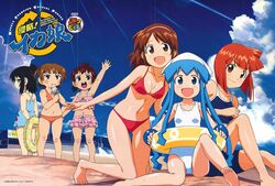  6+girls aizawa_eiko barefoot bikini black_hair brown_hair company_connection crossover day feet highres ikamusume innertube ishikawa_masakazu jpeg_artifacts kneeling light_rays marui_futaba marui_hitoha marui_mitsuba mitsudomoe_(manga) multiple_girls nagatsuki_sanae official_art one-piece_swimsuit open_mouth orange_hair photoshop_(medium) scan school_swimsuit shinryaku!_ikamusume shounen_champion sitting skirt sunbeam sunlight swim_ring swimsuit white_one-piece_swimsuit 