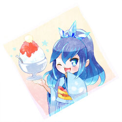  bad_id bad_pixiv_id blue_eyes blue_hair blush female food fubukihime fuyuse_reka high_ponytail ice japanese_clothes kimono long_hair one_eye_closed open_mouth shaved_ice simple_background solo star_(symbol) traditional_youkai white_background youkai_(youkai_watch) youkai_watch yuki_onna 