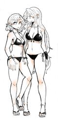  2girls absurdres bikini blush bracelet braid breasts cleavage commentary_request front-tie_bikini_top front-tie_top full_body height_difference highres hong_meiling izayoi_sakuya jewelry large_breasts long_hair monochrome multiple_girls navel ponke sandals short_hair side-tie_bikini_bottom standing swimsuit toes touhou twin_braids wristband 