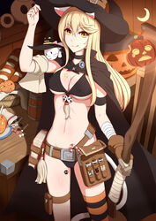  animal_ears bad_id bad_pixiv_id bandages basket belt blonde_hair book bread breasts candy cape covered_nipples crescent_moon fedsnk female food gloves groin halloween hat highres jack-o&#039;-lantern long_hair medium_breasts moon navel photoshop_(medium) single_thighhigh smile striped_clothes striped_thighhighs thighhighs tongue tongue_out witch_hat yellow_eyes 