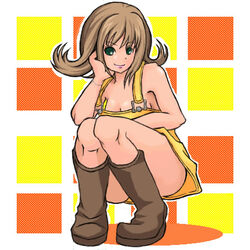  anti-gravity_hair bare_shoulders boots brown_hair censored checkered checkered_background convenient_censoring curled_hair female final_fantasy final_fantasy_viii green_eyes kasetsu knees knees_together_feet_apart lowres naked_overalls no_bra no_panties no_panties_implied overall overalls selphie_tilmitt solo squatting thighs upskirt 