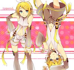  1boy aqua_eyes arm_warmers blonde_hair brother_and_sister clothing_cutout commentary_request detached_sleeves female fingerless_gloves gloves hair_ornament hair_ribbon hairclip highres kagamine_len kagamine_len_(append) kagamine_rin kagamine_rin_(append) navel navel_cutout ribbon shivue short_hair shorts siblings smile twins vocaloid vocaloid_append 