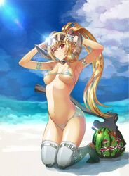  armlet armpits arms_up axe beach bikini blonde_hair day female food fruit horns jpeg_artifacts lucifer_(the_seven_deadly_sins) micro_bikini nishii_(damnedrive) red_eyes solo sunglasses swimsuit the_seven_deadly_sins thighhighs watermelon weapon 