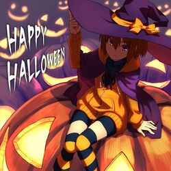  adjusting_clothes adjusting_headwear bike_shorts bow brown_hair cape commentary_request drawstring female hair_between_eyes halloween halloween_costume happy_halloween hat hat_bow hood hoodie jack-o&#039;-lantern knees_together_feet_apart koyama_keisuke linne_(under_night_in-birth) partially_unzipped purple_eyes short_hair sitting solo striped_clothes striped_thighhighs thighhighs tsurime under_night_in-birth witch_hat 